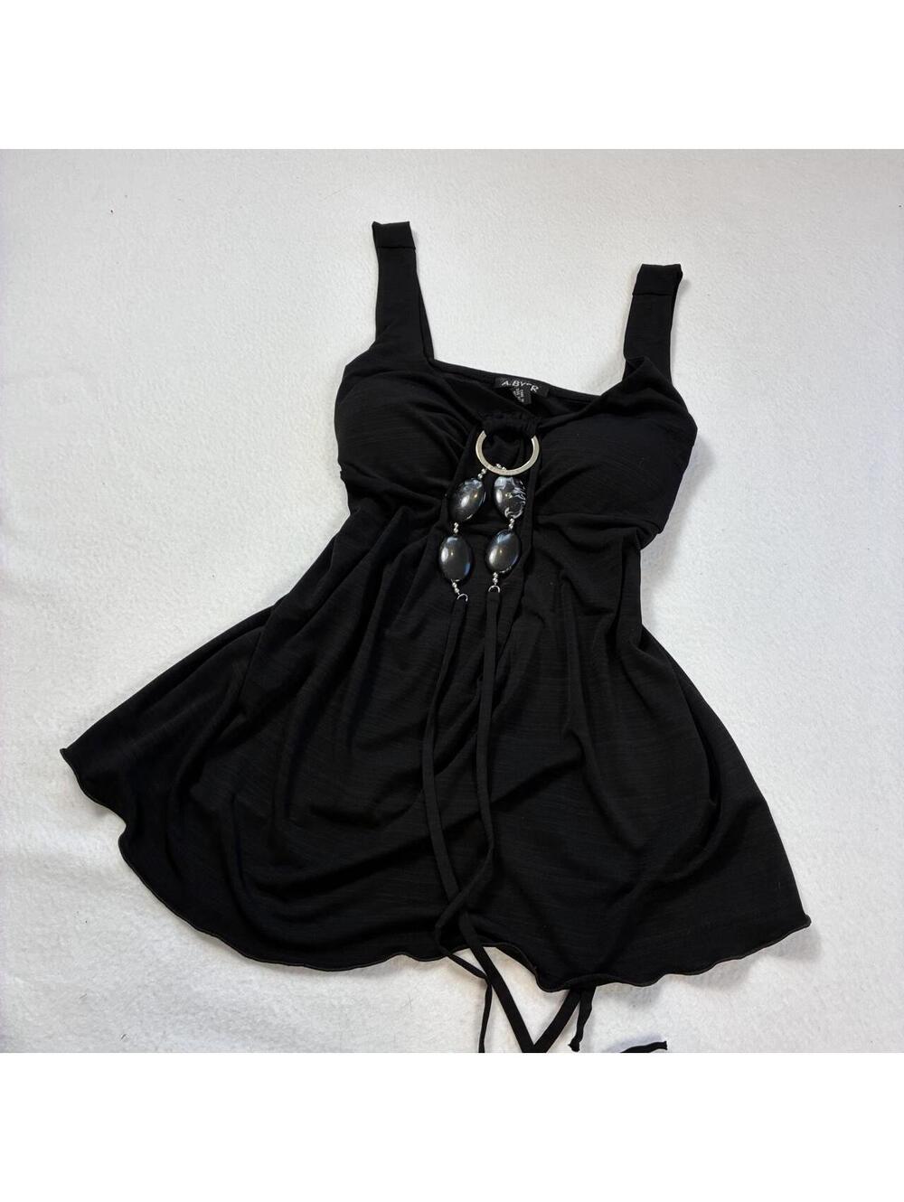 A. Byer padded black babydoll top with metal hoop + beaded tassels!! size large